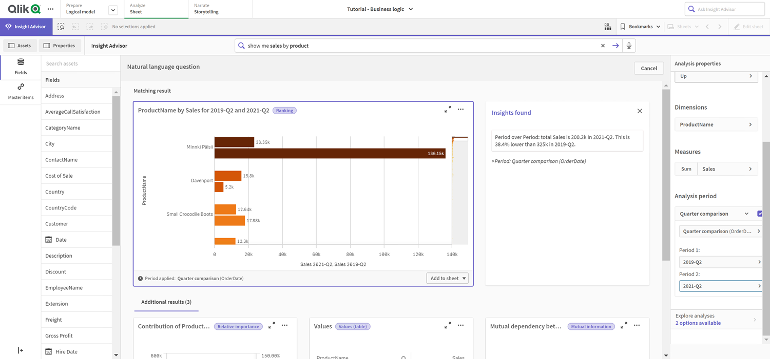 Insights chart with Quarter comparison calendar period applied. The period has been manually changed to display 2021 Q2 and 2019 Q2. A bar chart is displayed showing the sum of Sales by Product name. Products have two sum of Sales bars, one for the current quarter and one for same quarter two years ago.