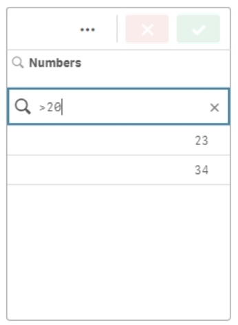 Numeric search for values matching a specific numeric comparison (in this case, values greater than 20). The search text is '>20'. No quotation marks are used in the actual search.