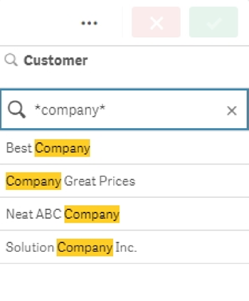 Search for the word 'Company', surrounded by * wildcards. Configuring the wildcards in this way returns all values containing this word. The actual search does not contain the quotation marks.