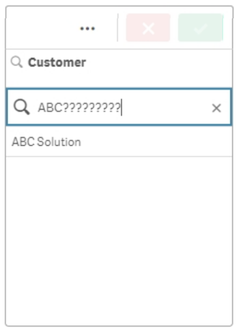 Search using ? wildcard for all search characters except for the first characters 'ABC' (no quotation marks used in actual search). In this case, one result is listed: 'ABC Solution'.