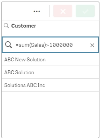 Example of an expression search. The search string is '=sum(Sales)>1000000' (no quotation marks included in the actual search). This search will return results for values in the 'Customer' field associated with values of Sales which are greater than 1000000.