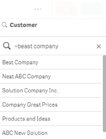 Example of a fuzzy search. In this particular case, the search is for 'beast company', and the search is able to return similar, but not identical, values such as 'best company' and 'Neat ABC Company.'