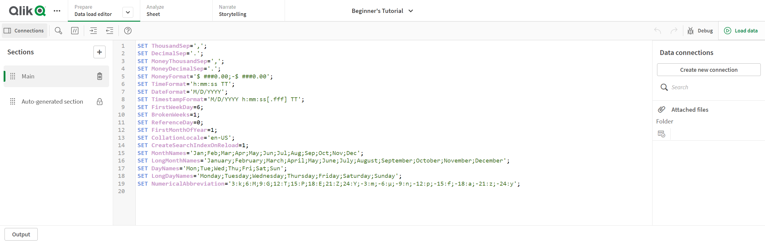 Data load editor, with the Main section selected and displaying the default SET statements.