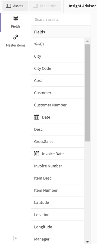 Insight Advisor assets panel.