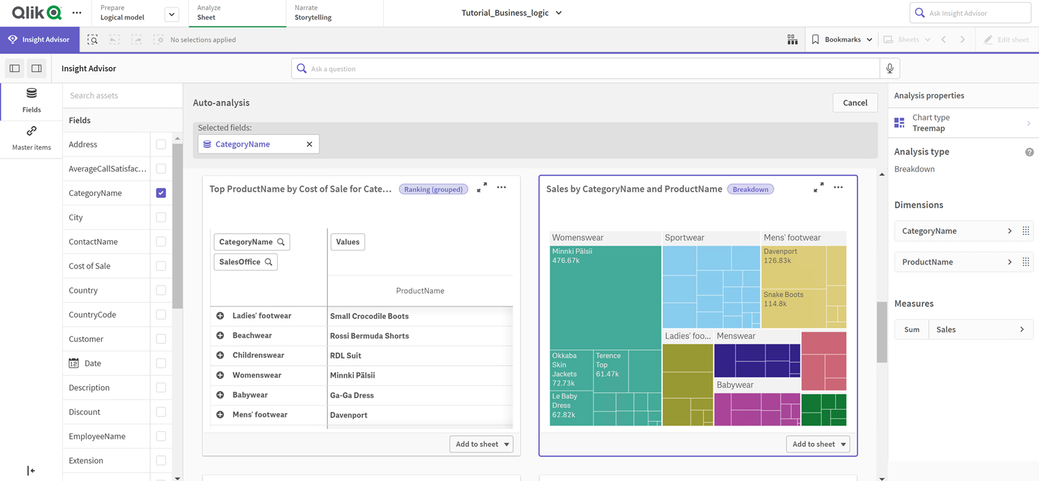 Insight Advisor results. A breakdown chart for CategoryName and ProductName is selected.