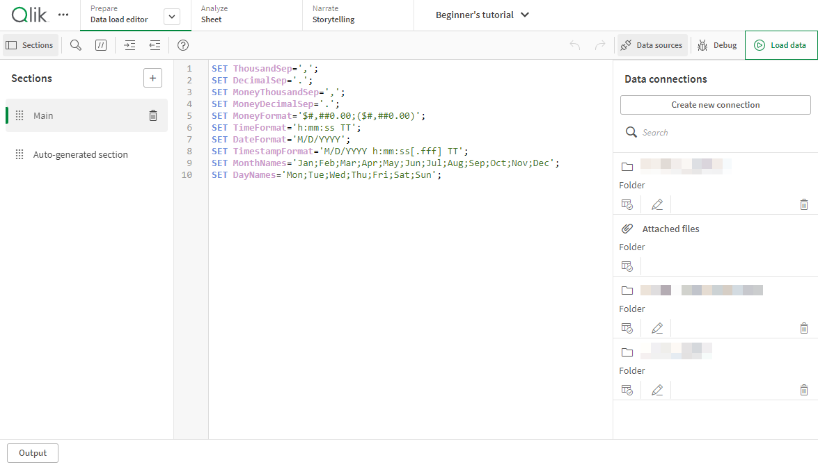 Data load editor, with the Main section selected and displaying the default SET statements.