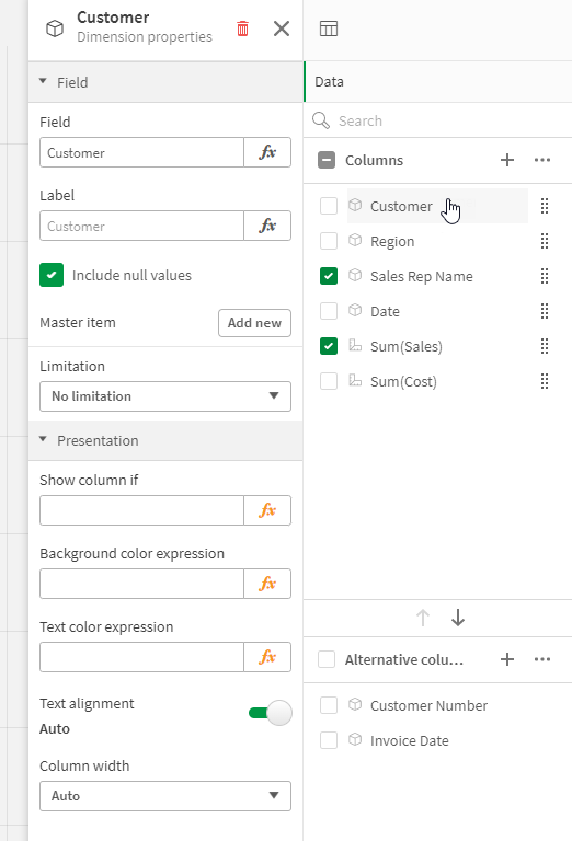 The properties panel when a straight table is selected. Showing the data pane.