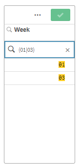 Example of a compound search using the OR operator (|). The search text is '(01|03)', without the quotation marks. It returns values '01' and '03'.