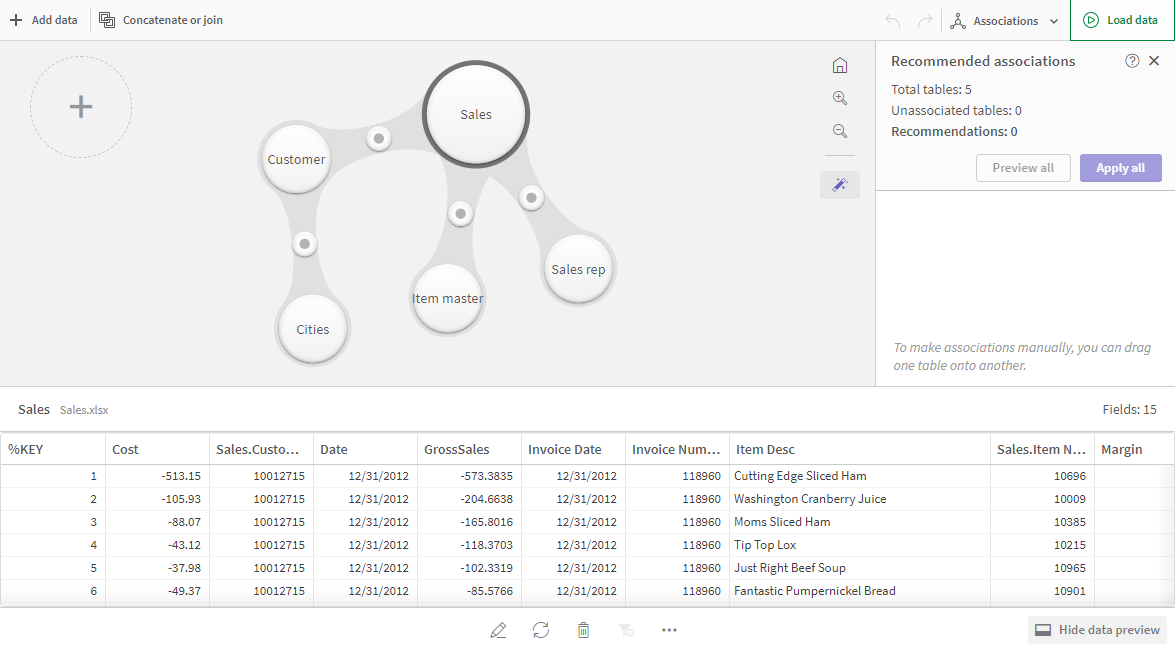 Associations view of the Data manager.