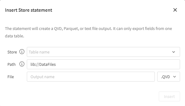 Click to view full size Insert Store statement dialog, with no parameters configured.