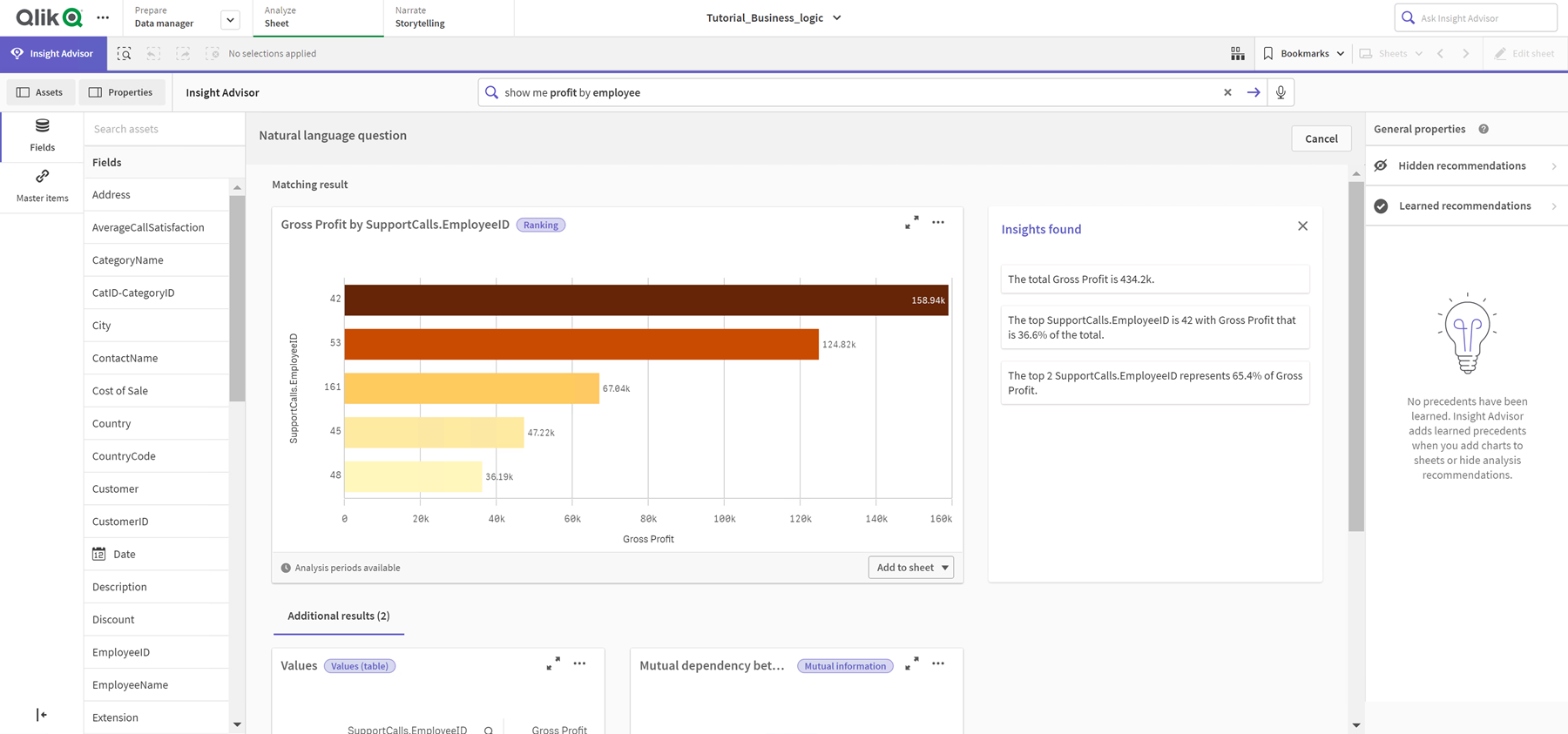 Click to view full size Insight results for 'show profit by employee'. There is a bar chart show shows the sum of Gross Profit by Employee ID, a table of values for employee ID and Gross Profit, and a combo chart that shows the contribution of employee ID to the sum of gross profit.