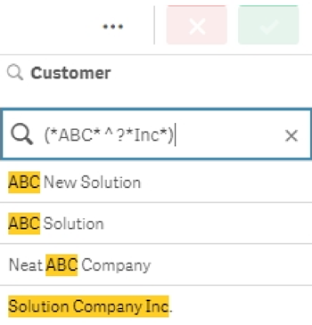 Compound search using the XOR operator. In this case, the search text is '(*ABC*^?*Inc*)', with no quotation marks in the actual search. The results include the values 'ABC New Solution', 'ABC Solution', 'Neat ABC Company', and 'Solution Company Inc.'.