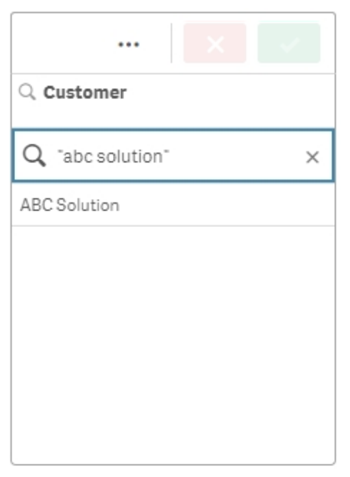 Text search for single string 'abc solution', with quotation marks. Results show only fields containing the entire search string; in this case, the only result is 'ABC Solutions'.