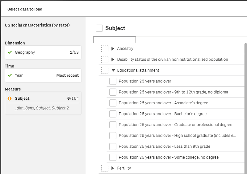 Select data to load view displaying parent branches with no data, indicated by check boxes with broken lines.