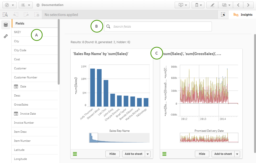 Insight advisor displaying insight charts in an app.