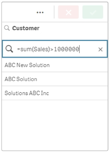 Click to view full size Example of an expression search. The search string is '=sum(Sales)>1000000' (no quotation marks included in the actual search). This search will return results for values in the 'Customer' field associated with values of Sales which are greater than 1000000.