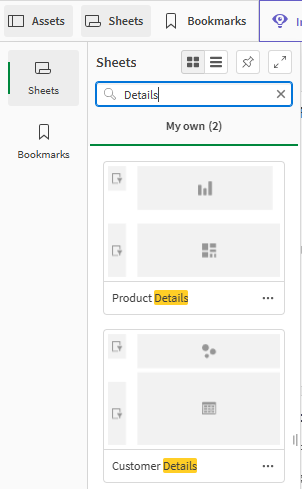 Searching Sheets in the assets panel for 'Details'. There is one result in public sheets and one results in my own sheets.