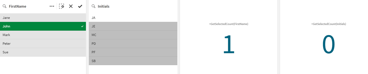 Two KPIs with two associated filter panes. Each KPI shows the number of selected items for each field from the output of the GetSelectedCount function.