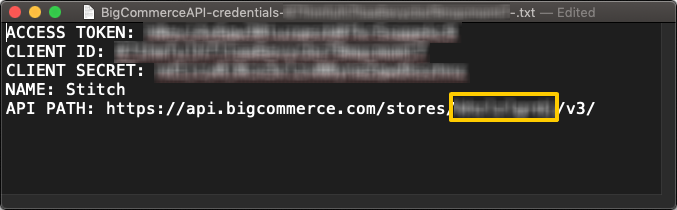 Click to enlarge. A BigCommerce API credentials text file. The store has portion of the API path is highlighted.