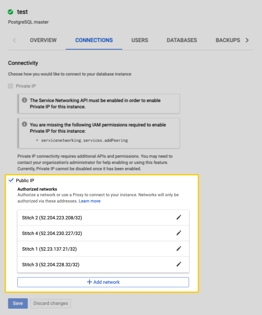 Authorized networks with Stitch IP North America addresses highlighted in the Google Cloud SQL database connections tab