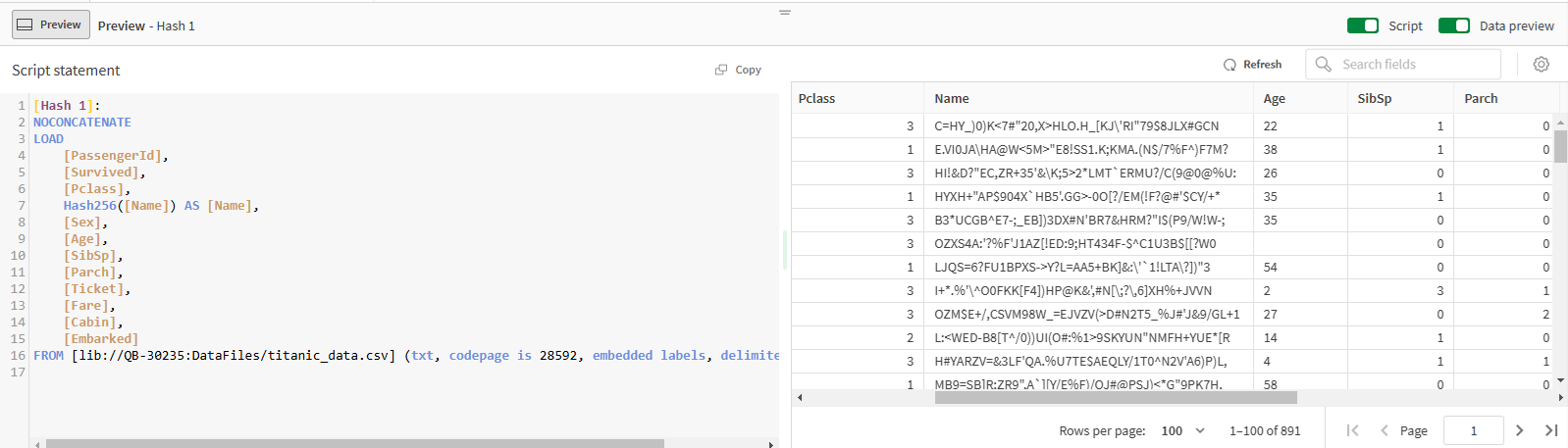 Script and data preview after a hash operation