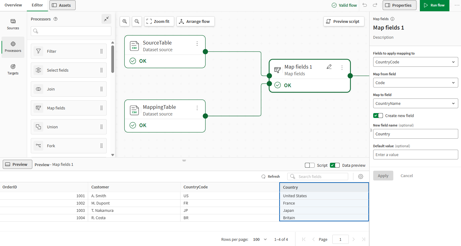 Data flow with a Map fields processor, corresponding inputs, and an output to a data file
