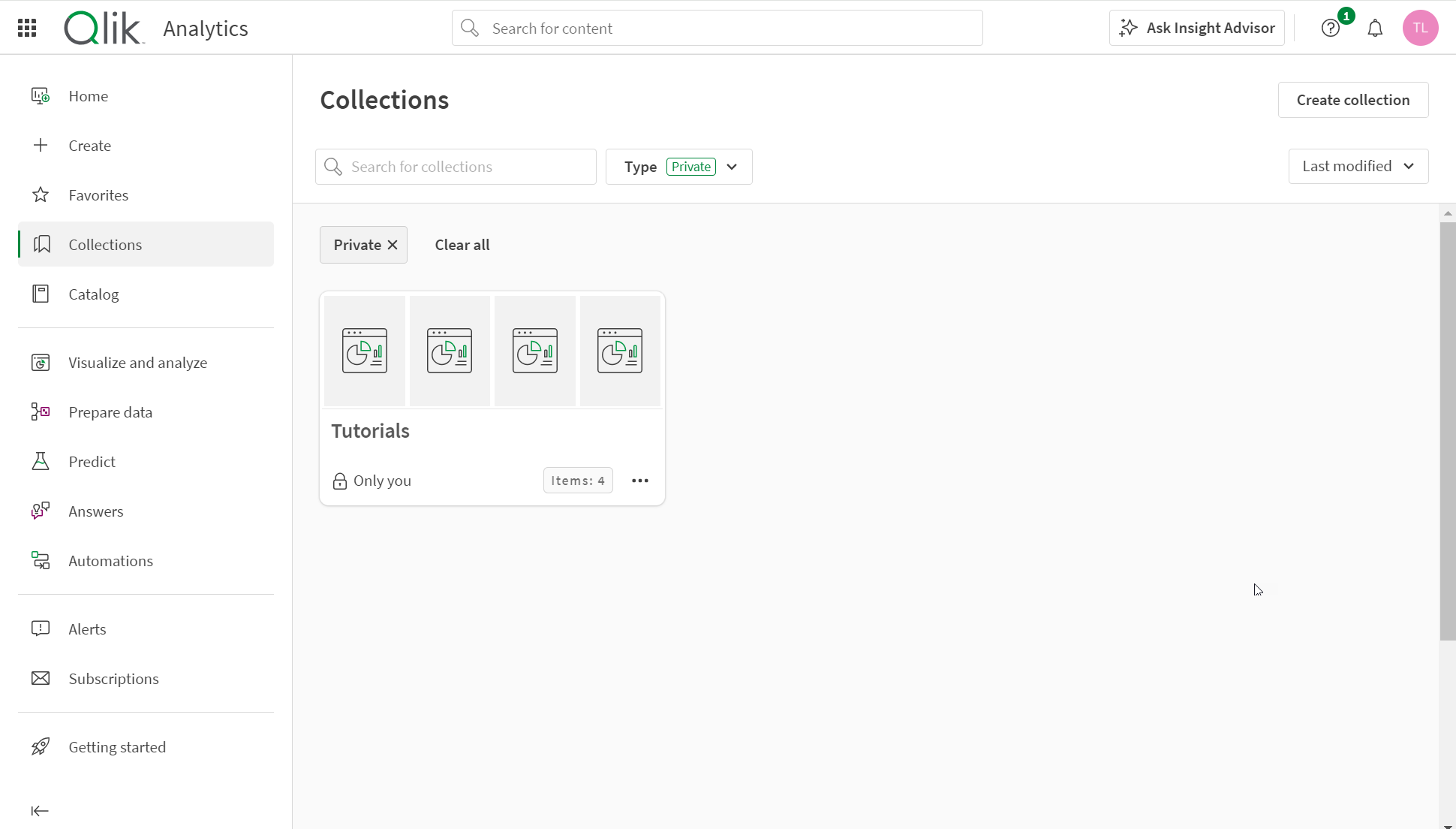 Collections section in the Analytics activty center showing a single collection