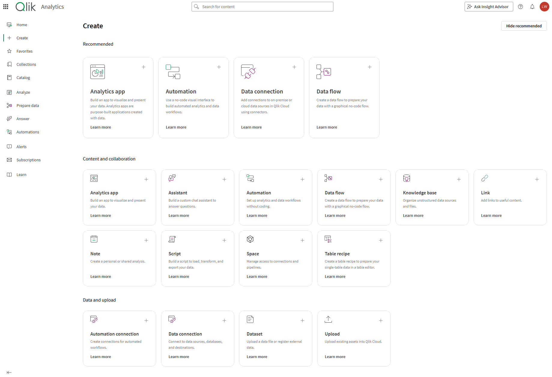The Create page, showing creation options.