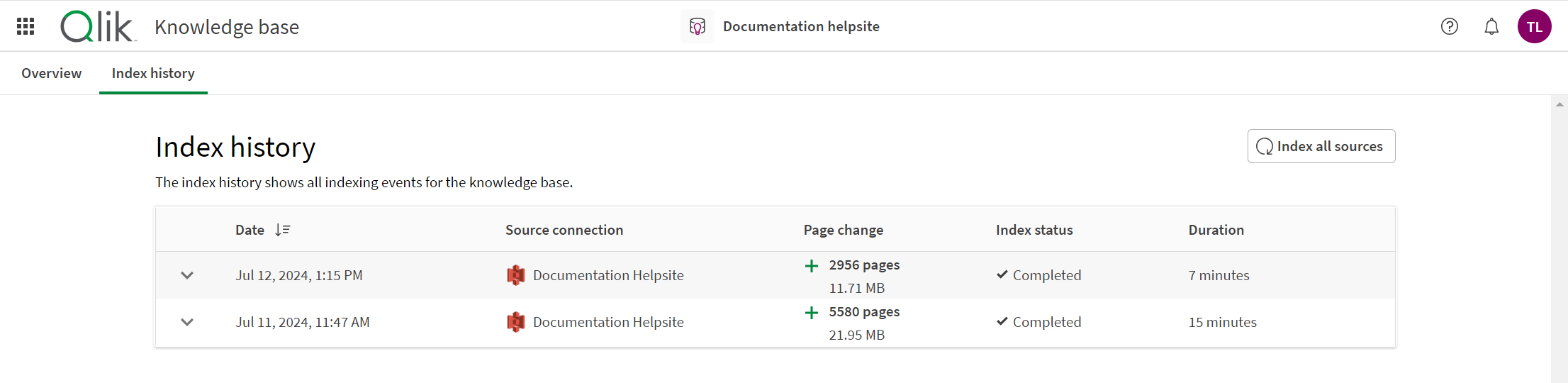 The Index history tab, showing all indexing events for the knowledge base.