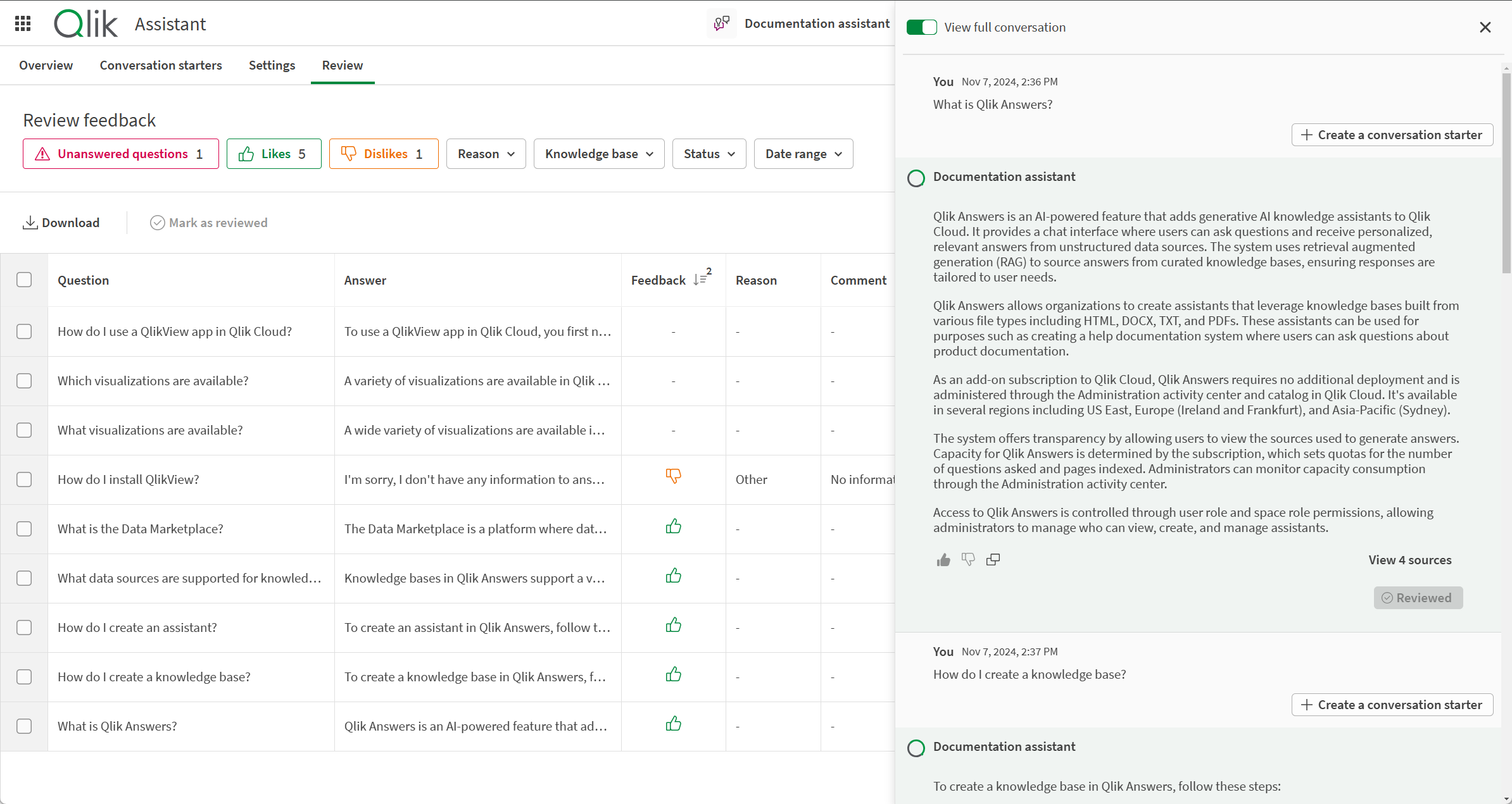 Click to view full size The Review section, with a conversation open. View full conversation is selected, showing the question in convtext of the full conversation with the assistant.