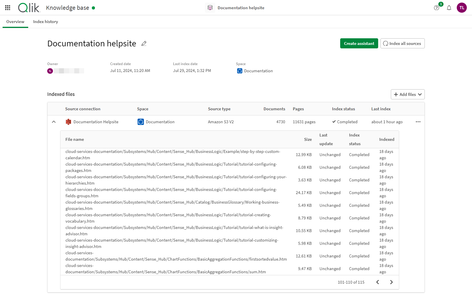 The Overview tab of a knowledge base. Under indexed files, one of the connections is expanded, showing a selection of the files indexed.