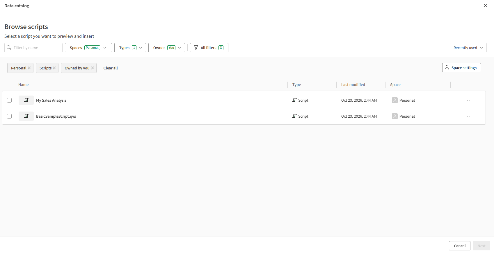 Data catalog's Browse script page.