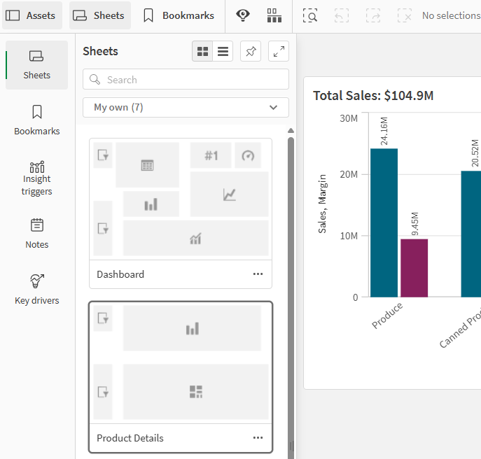 An open assets panel showing the sheets in the app.