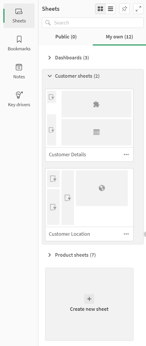 The assets panel open to Sheets. There are three groups, Dashboards, Customer sheets, and Product sheets. Customer sheets is open while the other two groups are collapsed.