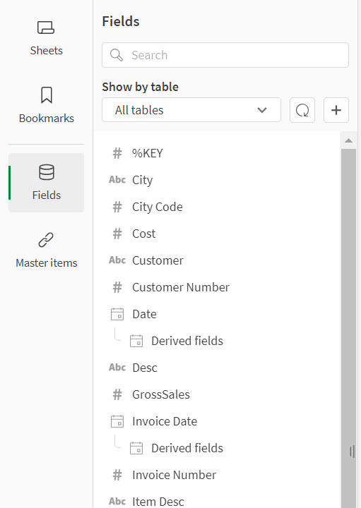 Asset panel with Fields selected. In Fields, the field City is selected, with the field values Aarhus, Albuquerque, and Alicante selected.