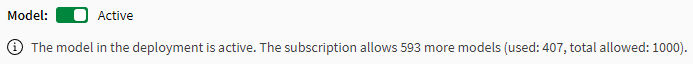 Model approval status is shown at the top of the page when you open an ML deployment. In this case, the model in the ML deployment is 'Active', meaning it is approved to create predictions.