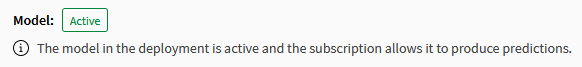 Model approval status shown at the top of the page when you open an ML deployment, with the toggle switch not present. This means that the current user does not have permissions to activate and deactivate the model