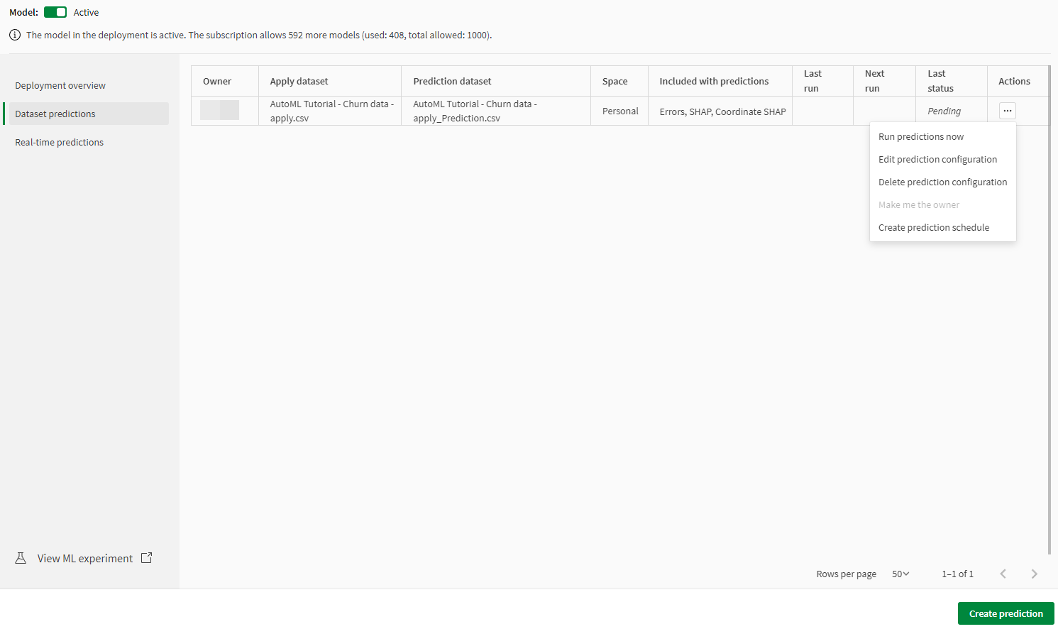 Dataset predictions pane.