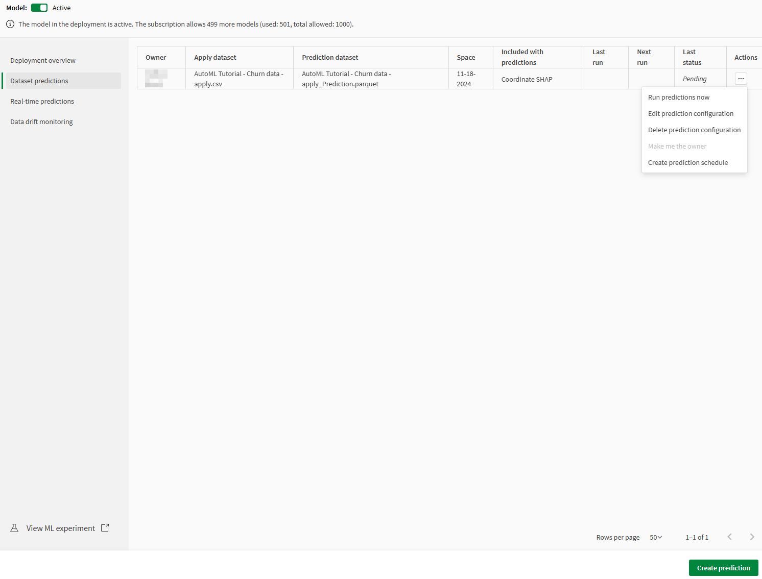 Dataset predictions pane.