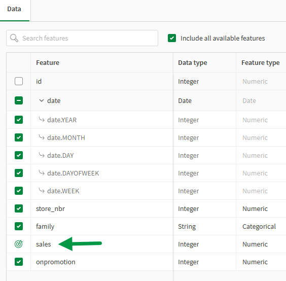 Click to view full size Selecting the target column for the time series experiment