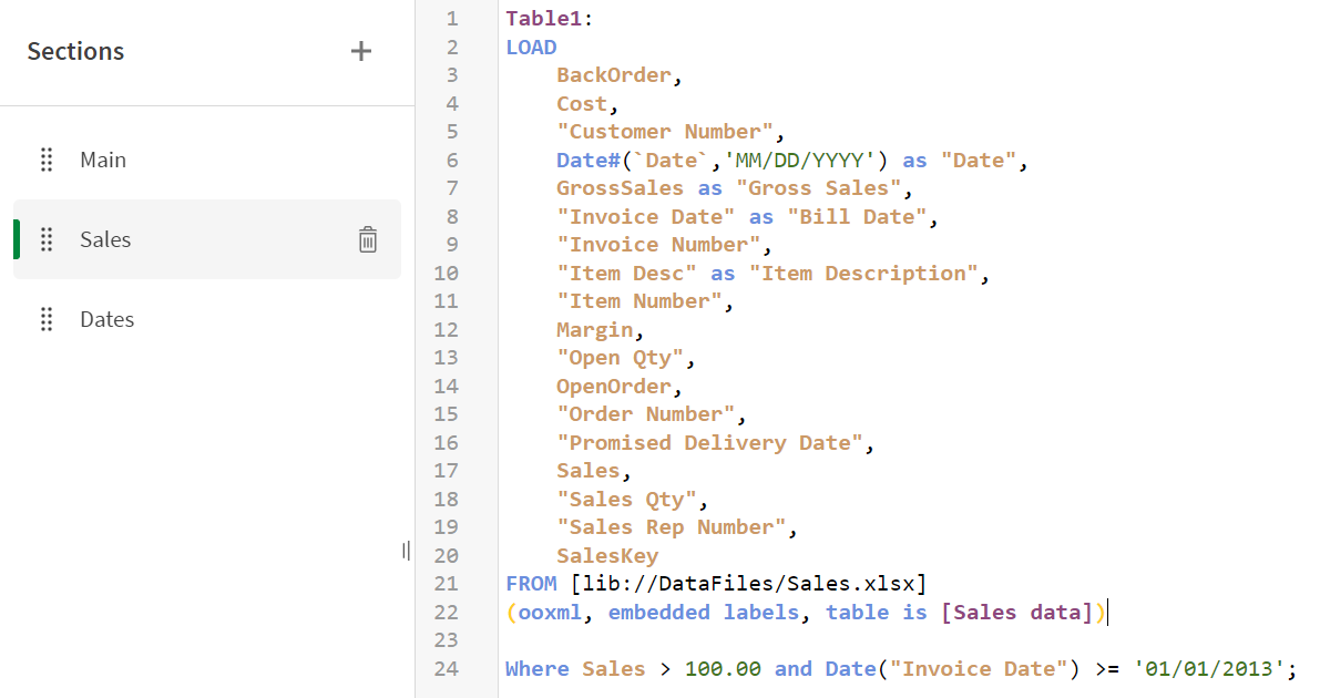 Load script window with script to reduce amount of data loaded.