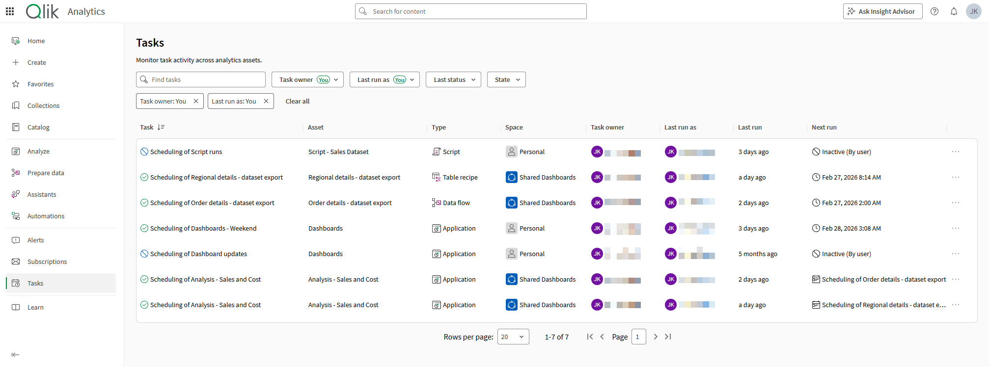 Tasks section of Analytics activity center.