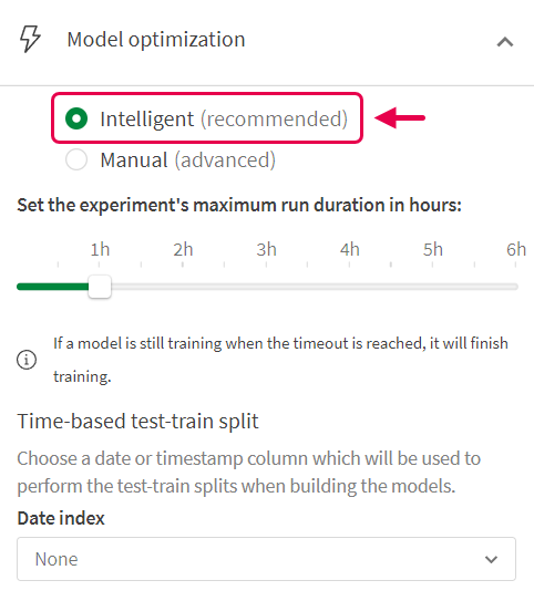 Activating Intelligent model optimization under Model optimization in the AutoML training customization panel