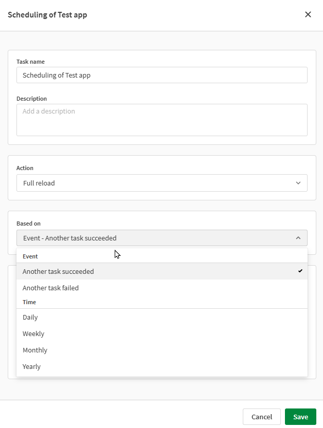 Task creation dialog with dropdown in use, to select an event-based trigger under 'Based on' property