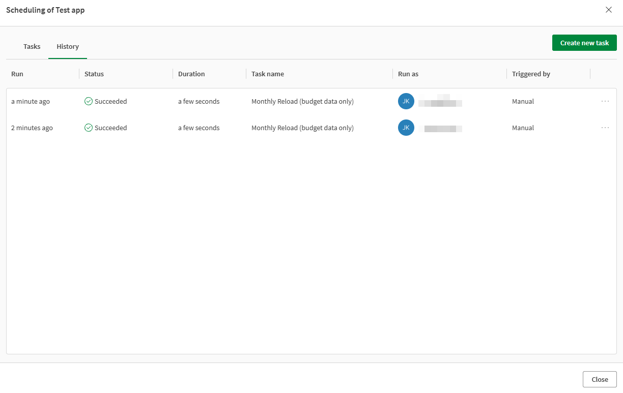 Scheduling dialog with the 'History' tab open