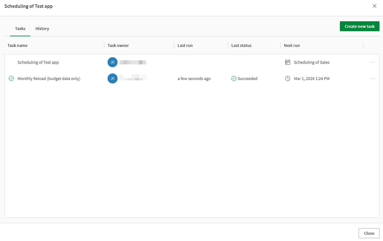 Scheduling dialog showing tasks for an app