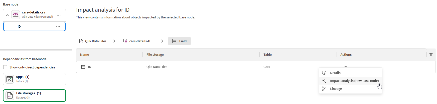 Actions menu in depenedencies grid