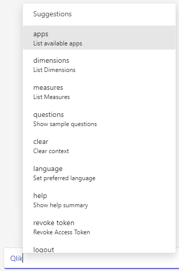 Message bar in group Microsoft Teams chat featuring the Qlik chatbot, showing how the interface prompts the user with the available commands.