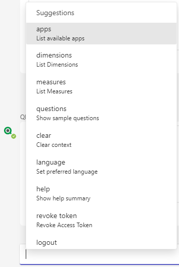 Message bar in personal Microsoft Teams chat with the Qlik chatbot, showing how the interface prompts the user with the available commands.