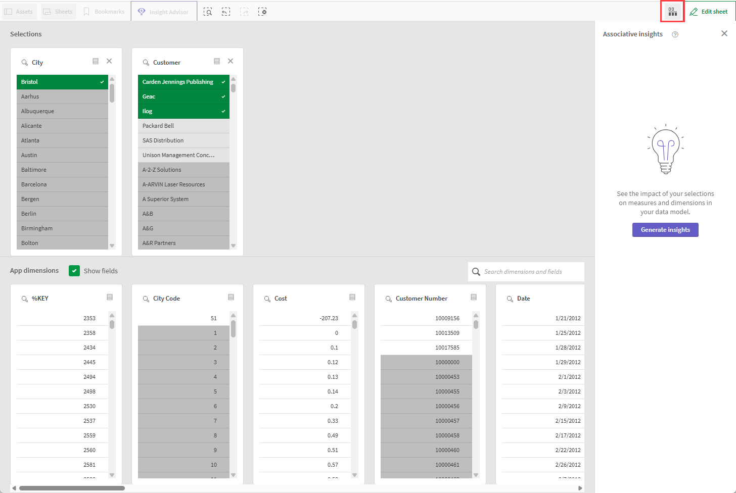 Selections tool view.